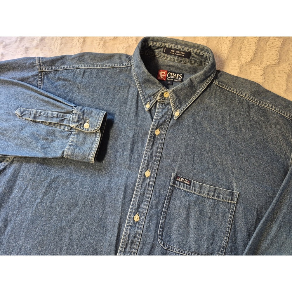 Vintage Chaps Ralph Lauren Denim Shirt Men's Size XL Medium Wash Blue Button-Up